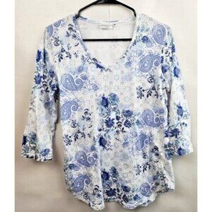 Prairie Cotton Womens Lagenlook Top Medium Blue White Paisley 3/4 Sleeve Coastal